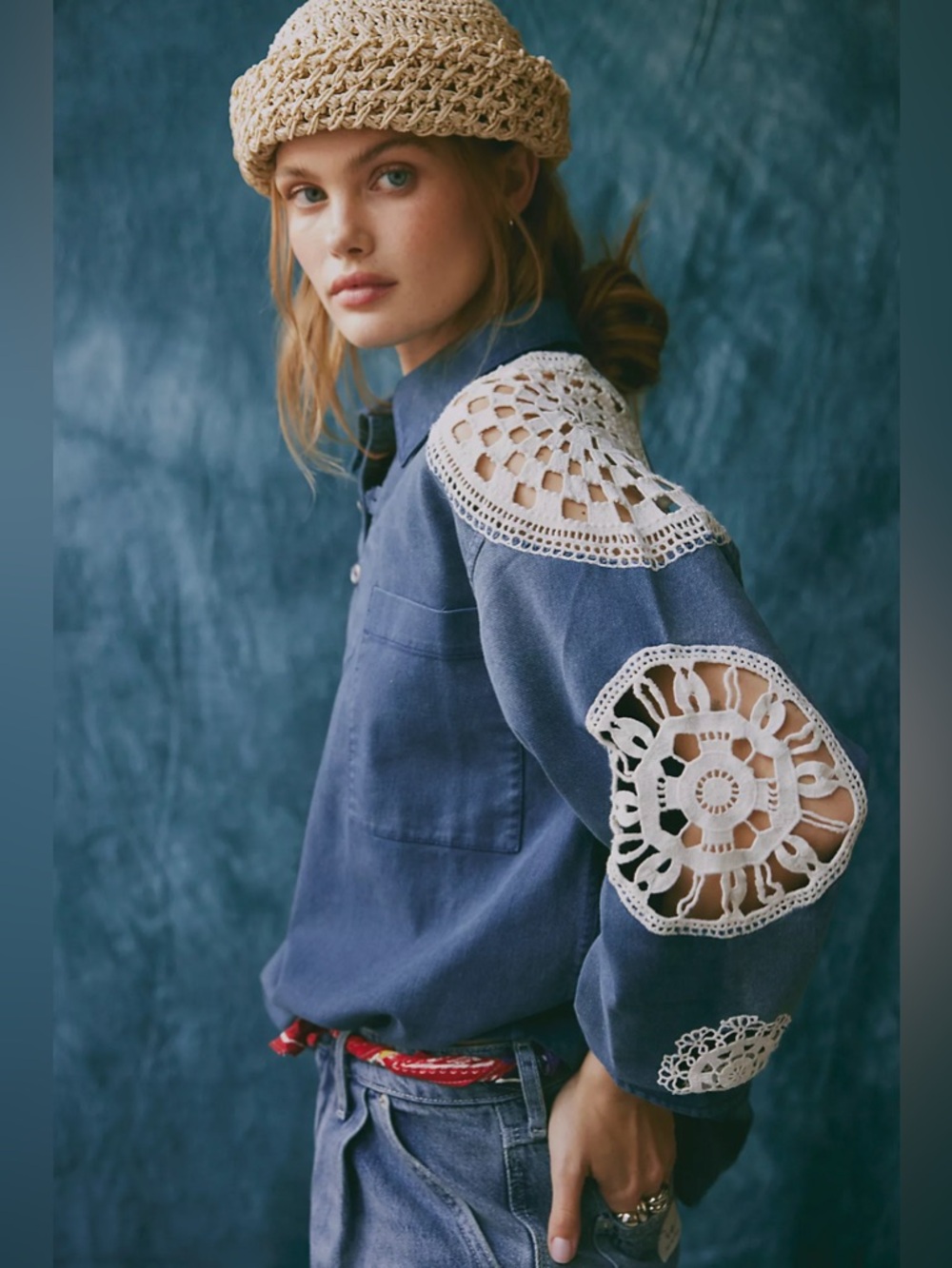 NWT Free People Washed And Crafted Crochet Polo Shirt